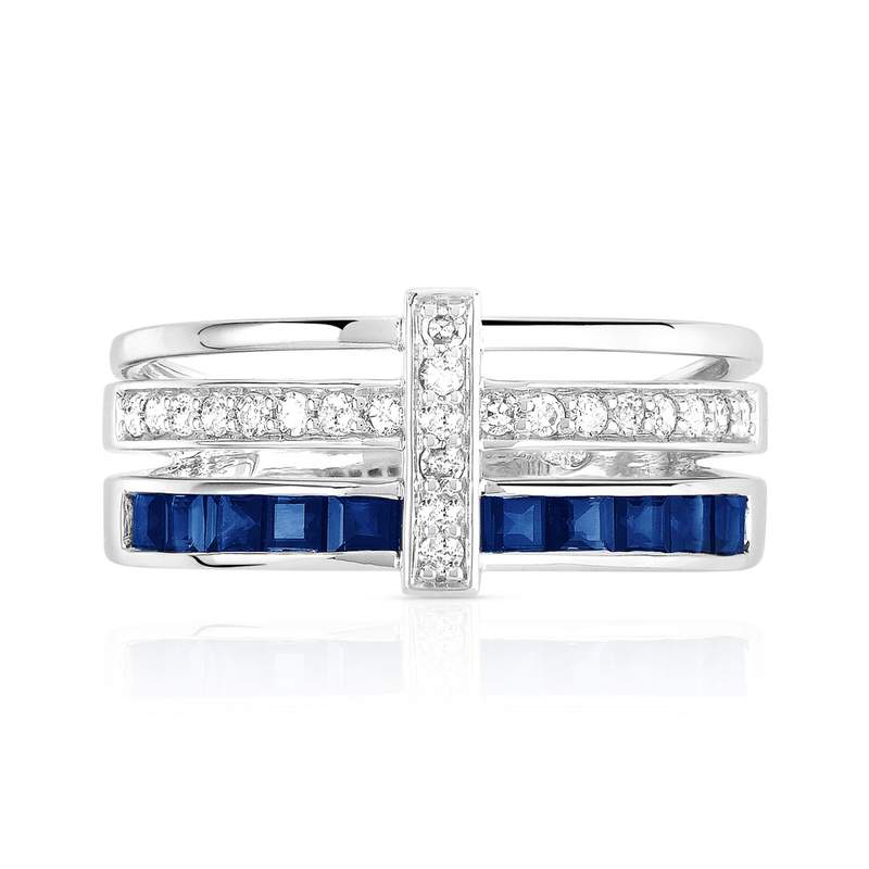 Bague or 750 blanc triple anneau saphirs carrés et diamants - vue 3