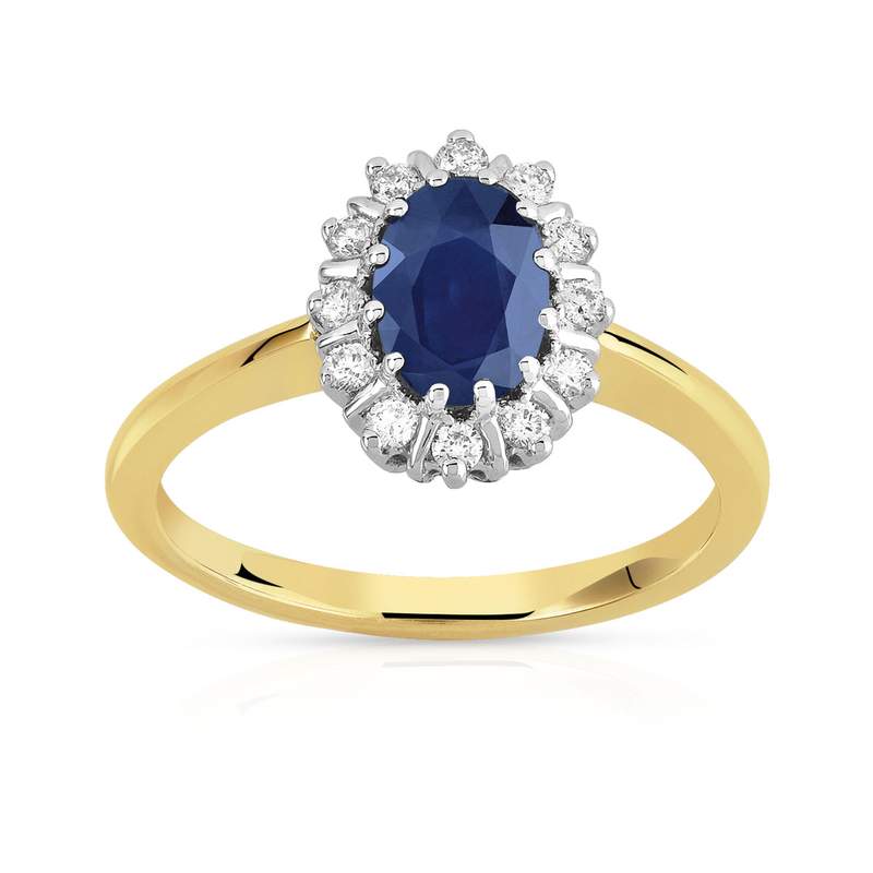 Bague 2 ors 750 saphir ovale entouré de diamants - vue 1