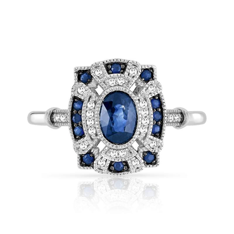 Bague or 750 blanc ovale saphirs et diamants - vue 3