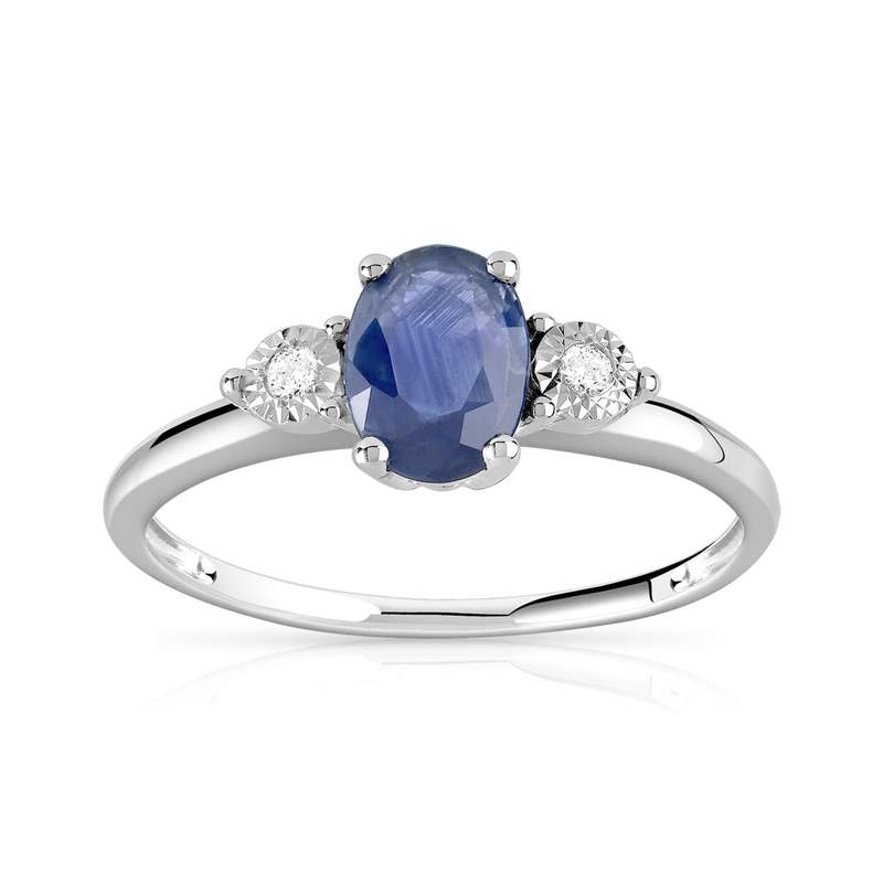 Bague or 750 blanc saphir ovale et diamants - vue 1