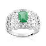 Bague or 750 blanc filigrane émeraude rectangulaire et diamants - vue 1