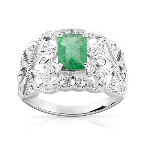 750 white gold ring with rectangular emerald filigree and diamonds