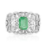Bague or 750 blanc filigrane émeraude rectangulaire et diamants - vue 3