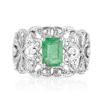 Ring van 750 witgoud met filigraan, rechthoekige smaragd en diamanten