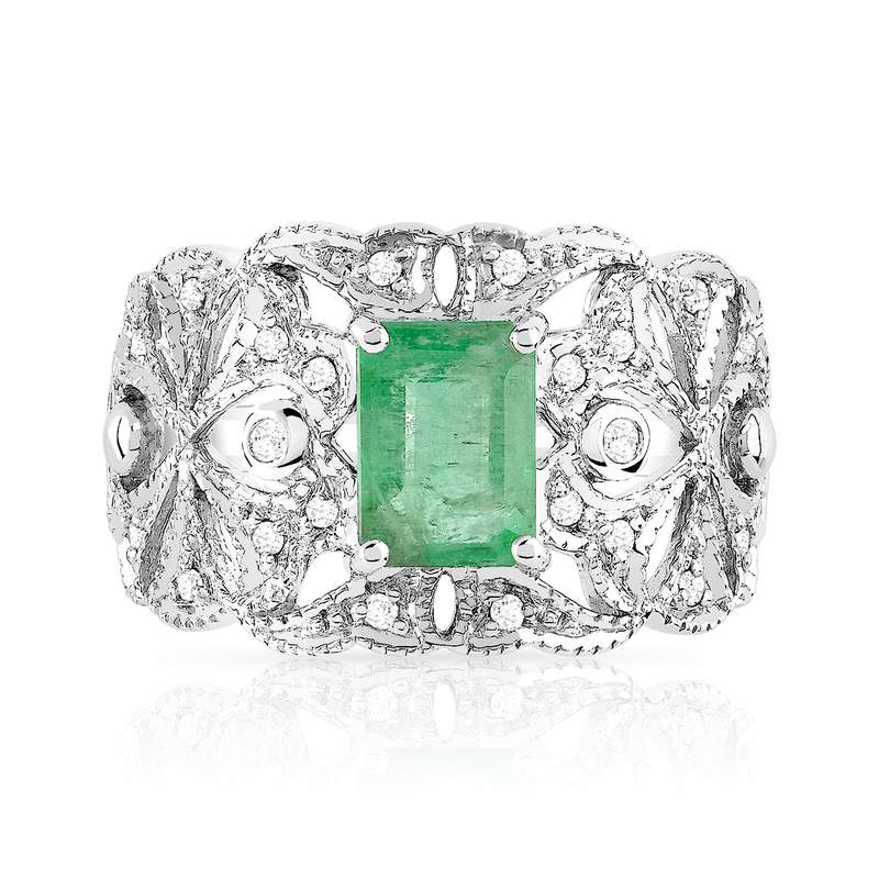 Bague or 750 blanc filigrane émeraude rectangulaire et diamants - vue 3