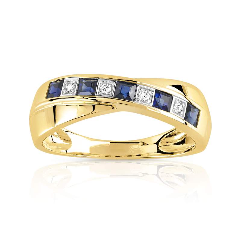 Bague or 750 2 tons anneaux croisés saphirs carrés et diamants - vue 1