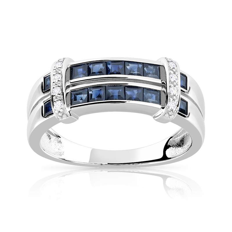 Bague or 750 blanc double anneau saphirs carrés et diamants - vue 1