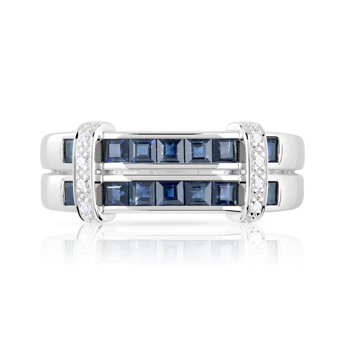 Bague or 750 blanc double anneau saphirs carrés et diamants - vue 3