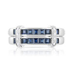 Bague or 750 blanc double anneau saphirs carrés et diamants - vue 3