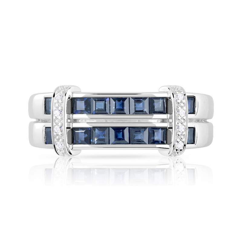 Bague or 750 blanc double anneau saphirs carrés et diamants - vue 3