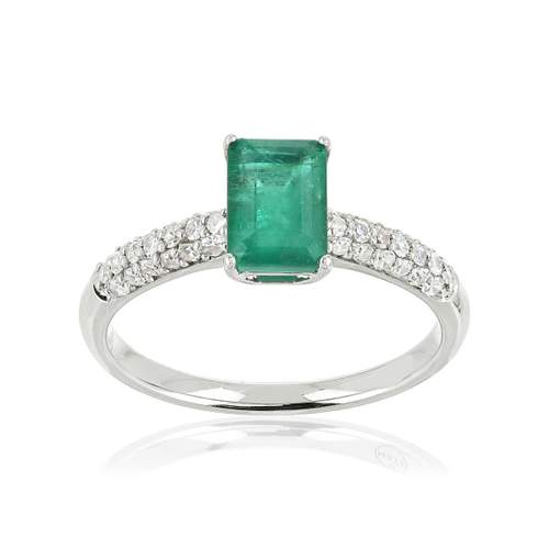 Bague or 750 blanc émeraude rectangulaire et diamants