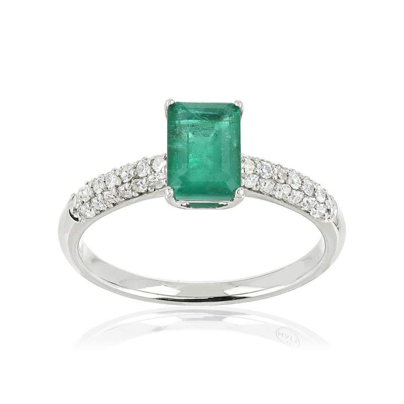 Bague or 750 blanc émeraude rectangulaire et diamants - vue 1