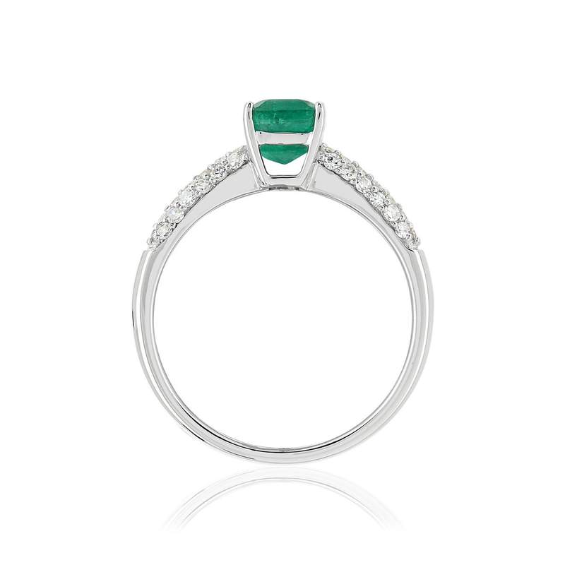 Bague or 750 blanc émeraude rectangulaire et diamants - vue 2
