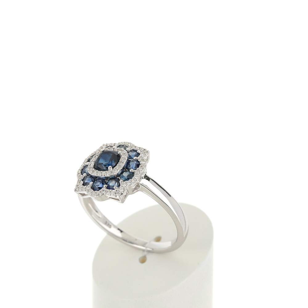 Bague or 750 blanc fleur saphirs et diamants - vue 3