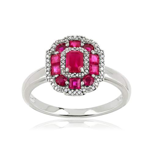 Bague or 750 blanc fleur rubis et diamants
