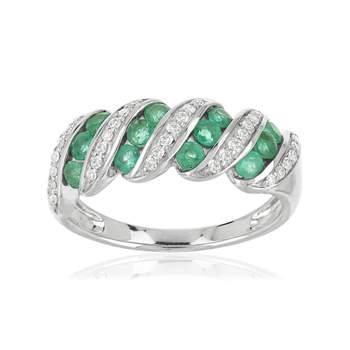Gedraaide smaragd en diamanten ring in 750 witgoud