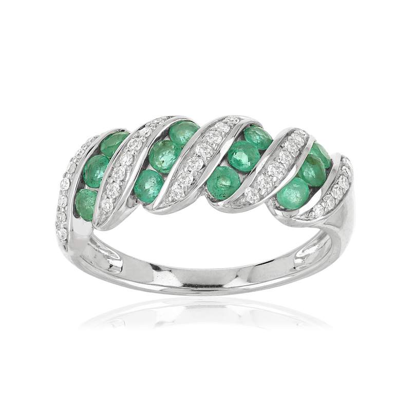 Bague or 750 blanc torsade émeraudes et diamants - vue 1