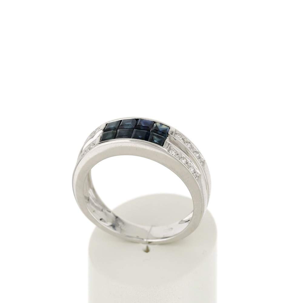 Bague or 750 blanc double anneau saphirs et diamants - vue 2