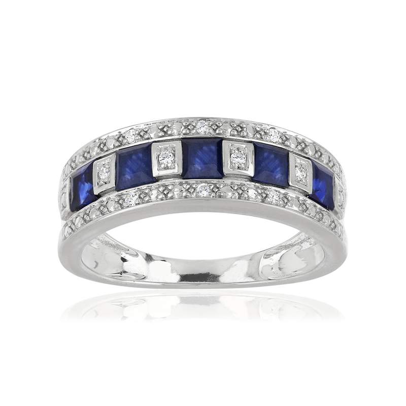 Bague or 750 blanc saphirs carrés et diamants - vue 1