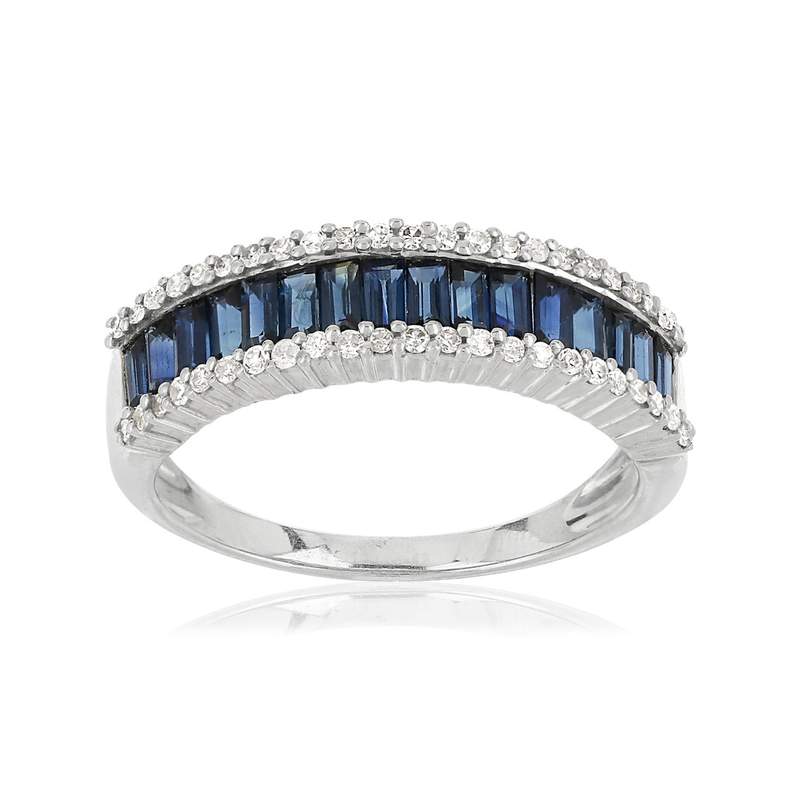 Bague or 750 blanc saphirs rectangulaires et diamants - vue 1