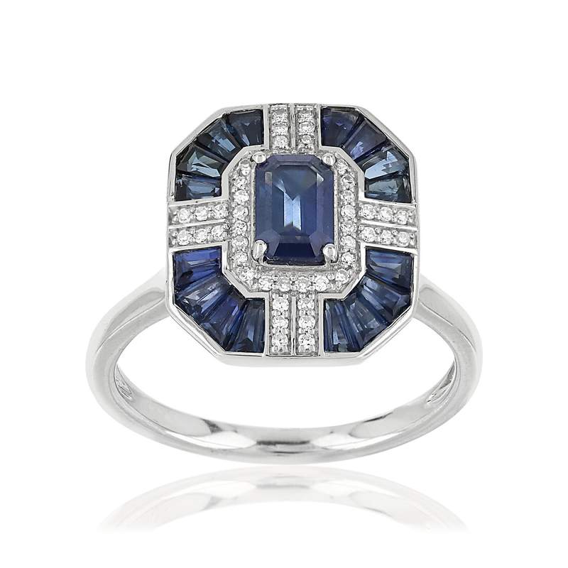 Bague or 750 blanc rectangulaire saphirs et diamants - vue 1