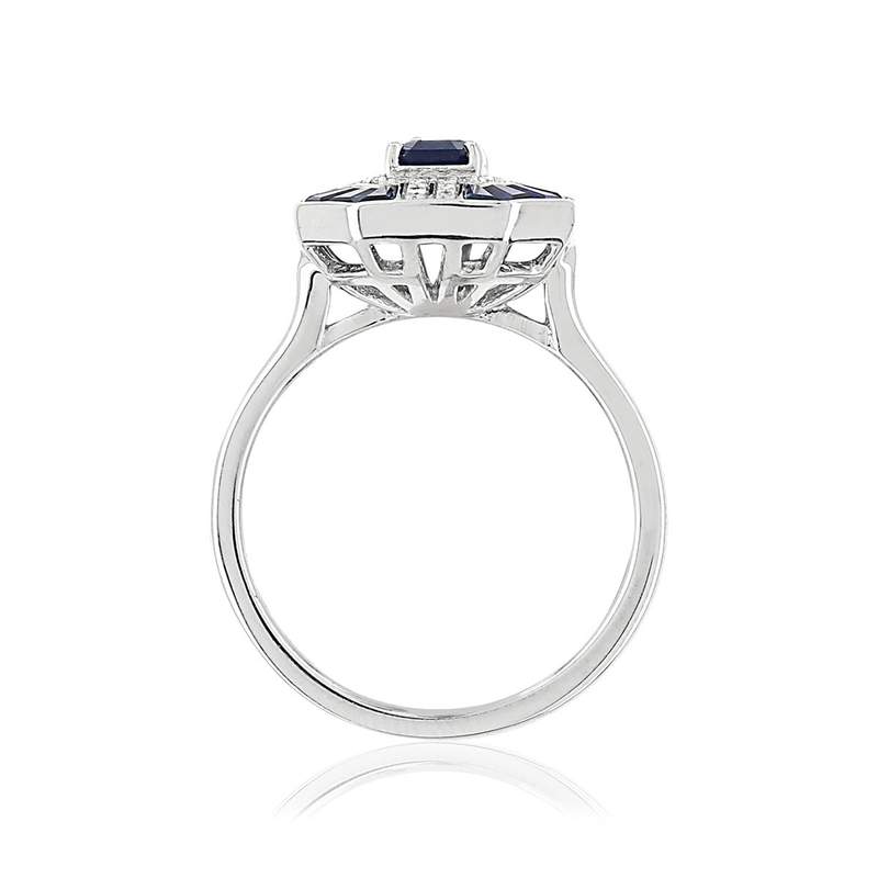Bague or 750 blanc rectangulaire saphirs et diamants - vue 2