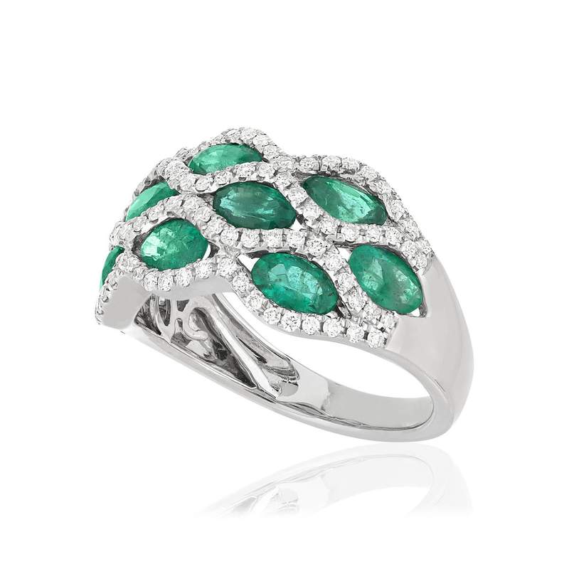 Bague or blanc emeraude diamant - vue D1