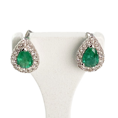 Boucles d'oreilles or 750 blanc émeraude et diamant - vue 1
