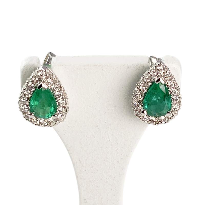 Boucles d'oreilles or 750 blanc émeraude et diamant - vue 1