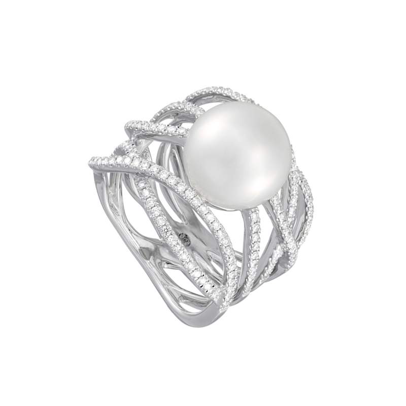 Ring van 750 witgoud met een gekweekte parel uit de Zuidzee en een diamant - afbeelding 1