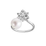 Bague or 750 blanc perle de culture du japon diamant - vue 1