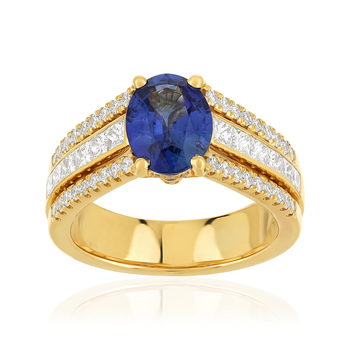 750 goud gele saffier en diamanten ring