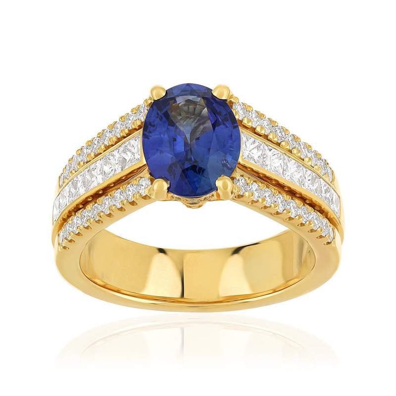 750 yellow gold ring with sapphire and diamond - view 1