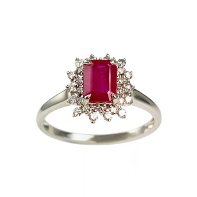 Bague or 750 blanc rubis et diamant