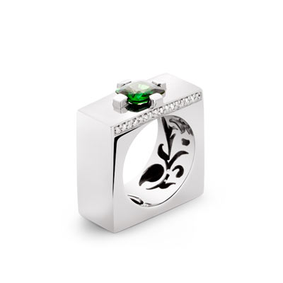 Bague or 750 blanc Tsavorite et diamant - vue 1