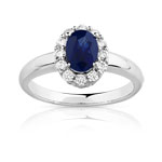 Bague or 750 blanc saphir ovale et diamants - vue 1