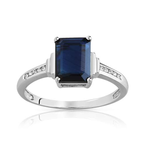 750 witgouden rechthoekige saffier en diamanten ring
