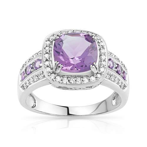 Bague or 750 blanc carrée améthystes et diamants