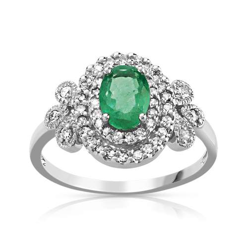 Bague or 750 blanc émeraudes ovale et diamants