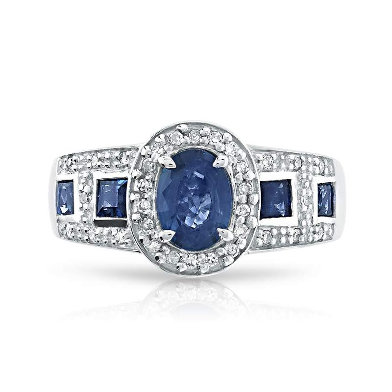 Bague or 750 blanc ovale saphirs et diamants - vue 3