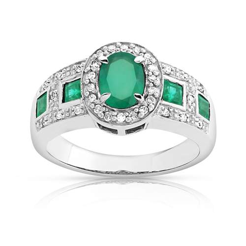 Bague or 750 blanc ovale émeraudes et diamants