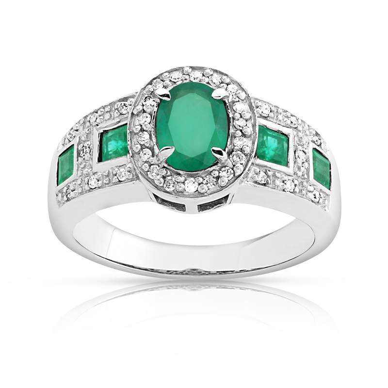 Bague or 750 blanc ovale émeraudes et diamants - vue 1