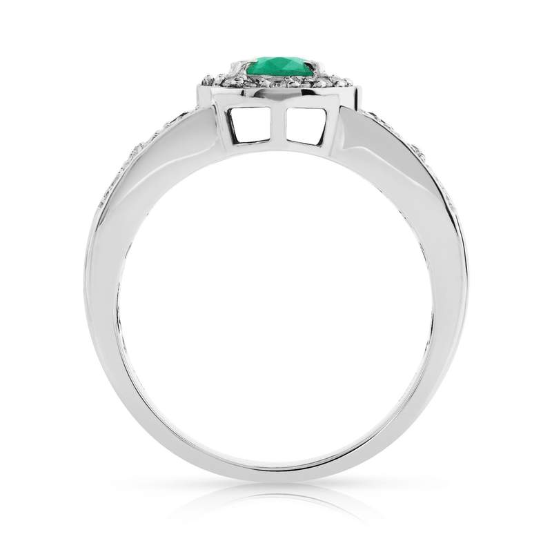 Bague or 750 blanc ovale émeraudes et diamants - vue 2