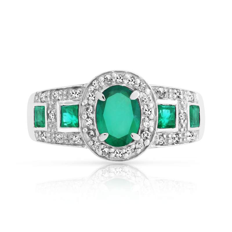 Bague or 750 blanc ovale émeraudes et diamants - vue 3