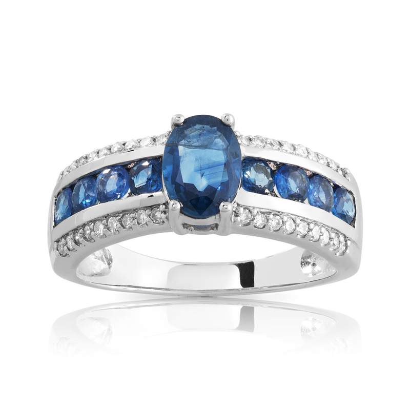 Bague or 750 blanc ovale saphirs et diamants - vue 1