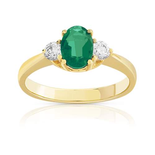 Bague or 750 jaune émeraude ovale et diamants