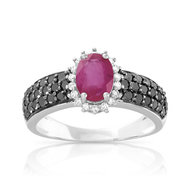 Bague or 750 blanc rubis ovale et diamants noirs traités et diamants blancs
