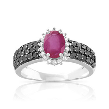 Bague or 750 blanc rubis ovale et diamants noirs traités et diamants blancs