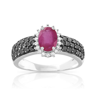 Bague or 750 blanc rubis ovale et diamants noirs traités et diamants blancs