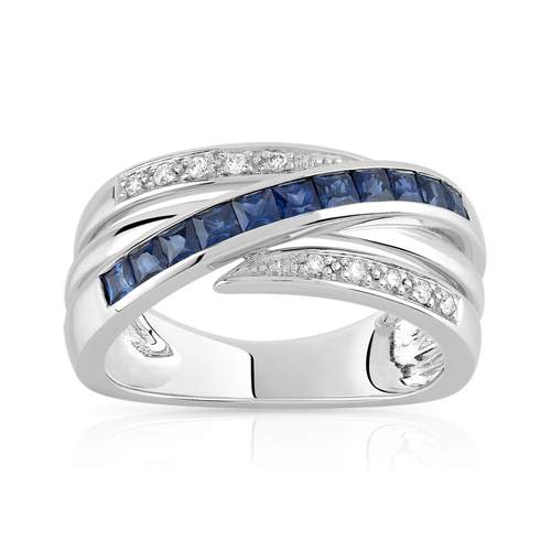 Bague or 750 blanc anneaux entrelacés saphirs et diamants